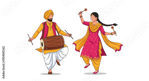 Traditional Punjabi Folk Dance Performance with Dhol Drum and Female Gidda Dancer, Celebrating Indian Culture and Festivals