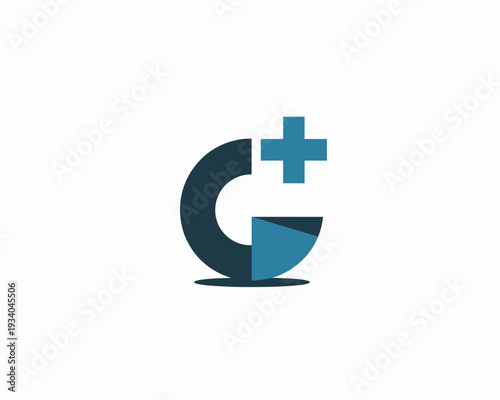 A or symbol consisting of a combination of a letter G and a plus sign in blue and dark blue colors
