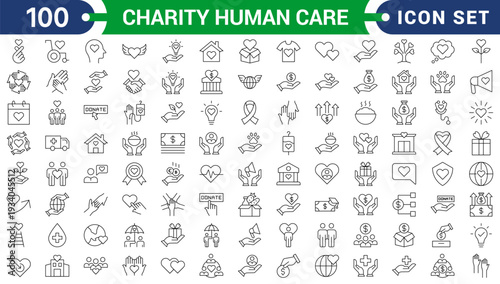 Charity human care icon set.Charity,giving, donate money outline icons pack. Line signs volunteering and giving, support donation or friendly handshake. 