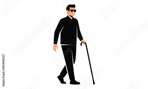 Blind Man Walking with a Cane and Sunglasses