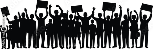 Silhouettes of a diverse crowd holding protest signs and banners, public rally and demonstration scene, civic activism, social movement vector artwork