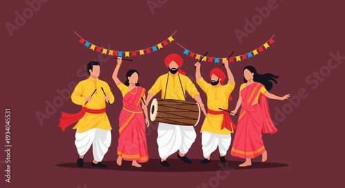 Joyful Indian Garba Dandiya Folk Dance Celebration with Dholak Drum and Traditional Costumes at Festival Event