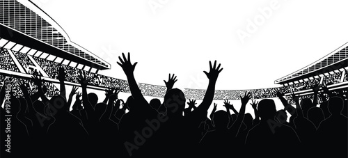 Silhouettes of cheering crowd in stadium arena, fans raising hands at sports event, concert audience celebration, championship match atmosphere, vector illustration