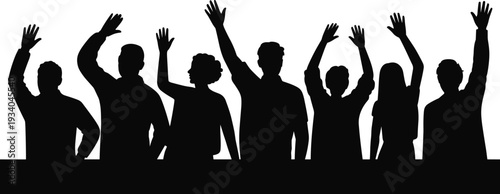 Silhouettes of diverse crowd raising hands in unison, cheering and waving, audience cheering, public rally, supporters, community engagement, collective celebration, unity vector illustration