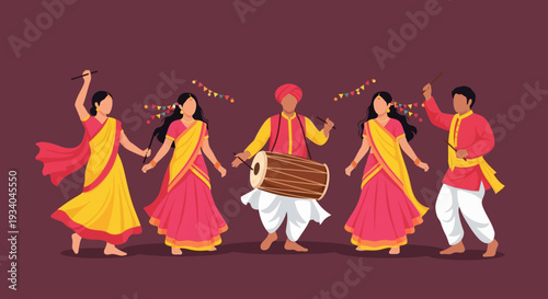 Vibrant Garba Dandiya Dance during Navratri Festival with Traditional Indian Dancers and Dhol Drummer - Flat Vector Illustration
