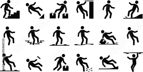 Slip and fall hazard warning icons set, workplace safety accident prevention vector pictogram illustration isolated on white background