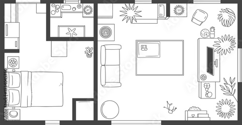 Small apartment floor plan top view with bedroom kitchen bathroom living room furniture layout vector architectural drawing isolated on white background