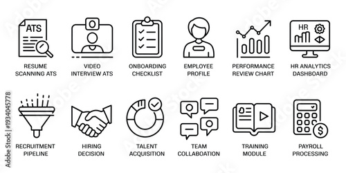 human resources management line icon set showing recruitment onboarding performance review analytics and payroll processing for business operations and employee lifecycle.