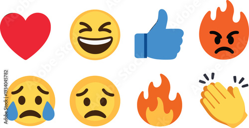 Social media reaction emoji icons vector set, heart, laughing face, thumbs up, fire and clapping hands, colorful flat design illustration