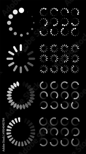 Minimalist mega collection of various circular loading buffering icon sets for digital UI UX dark mode interface design.