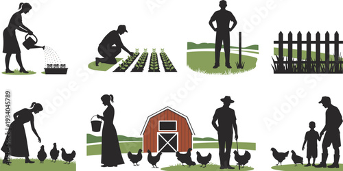 Small farm life vector collection, rural farming silhouettes showing planting, watering, chicken feeding, barnyard scenes, family homestead chores and agricultural activities