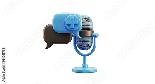 Blue Microphone with Speech Bubbles and Plus Icon