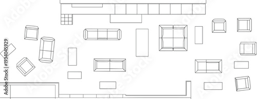Top view living room furniture layout with sectional sofa armchairs tables and architectural floor plan elements vector illustration set