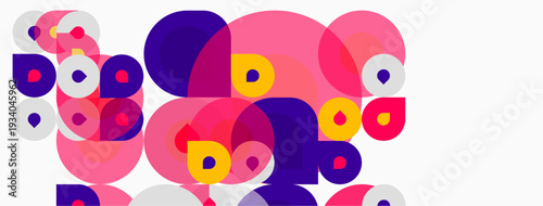 Abstract colorful circles overlap, creating dynamic composition. Pink, purple, yellow hues dominate white background. Modern design.