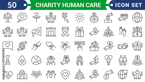 Charity human care icon set. Charity, giving, donate money outline icons pack. Line signs volunteering and giving, support donation or friendly handshake. 