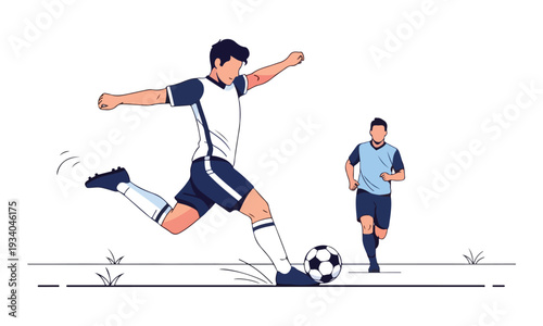 Male soccer player kicking football during game, another player running