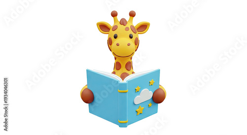 Cute 3D Giraffe Reading a Blue Book