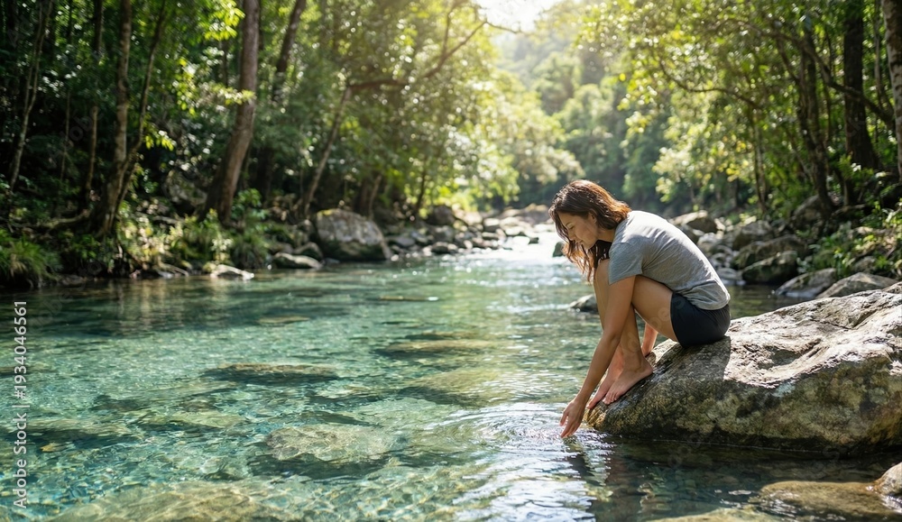 Fototapeta premium Woman finding serenity by a crystal-clear river in a vibrant tropical forest, enjoying nature's tranquility