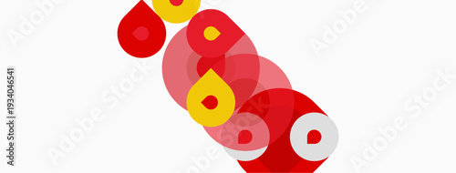 Abstract composition features overlapping circles, red and yellow hues dominate. Minimalist design, clean lines, simple shapes present.