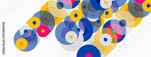 Abstract colorful circles overlap, creating dynamic visual texture. Bright hues contrast against white background. Modern design element.