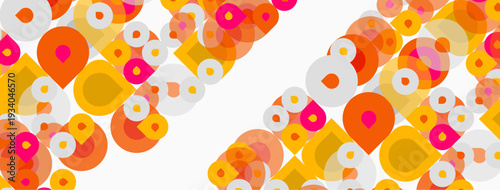 Abstract circles overlap, creating vibrant patterns. Orange, yellow, pink hues dominate white background. Modern design element.