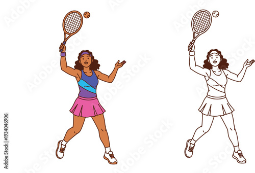 Vector illustration of a female tennis player serving, featuring both a colorful version and a black-and-white line art outline design perfect for coloring books.