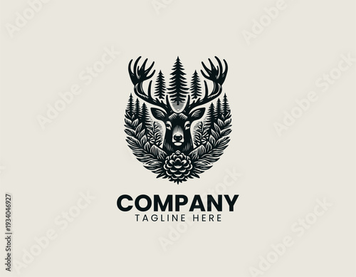 Majestic deer head with pine forest background black vector logo illustration isolated on white background