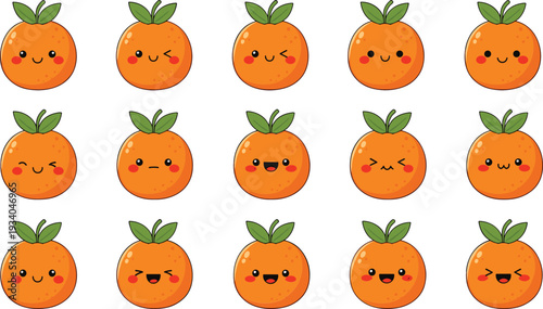 Cute Orange Fruit Cartoon Character Seamless Pattern Vector Illustration with Kawaii Citrus Faces