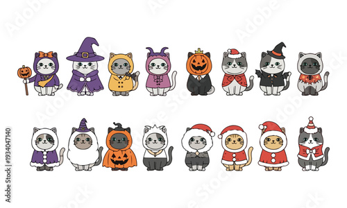 Cats in Halloween and Christmas Costumes Vector Illustration Set