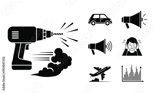 Noise Pollution Icons: Drill, Car, Airplane, Megaphone, Person Discomfort