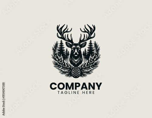 Majestic deer head with pine forest background black vector logo illustration isolated on white background