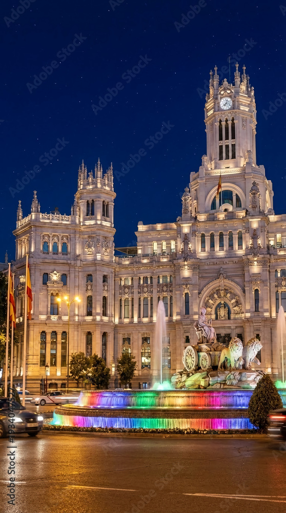 Fototapeta premium Night view of detailed white building with clock tower and fountain with colored lights, representing urban architecture, tourism, and travel destination