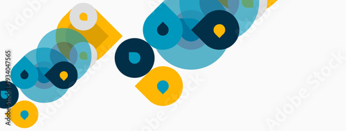 Abstract circles overlap, creating dynamic composition. Blue, teal, black, yellow hues dominate white background. Modern design element.