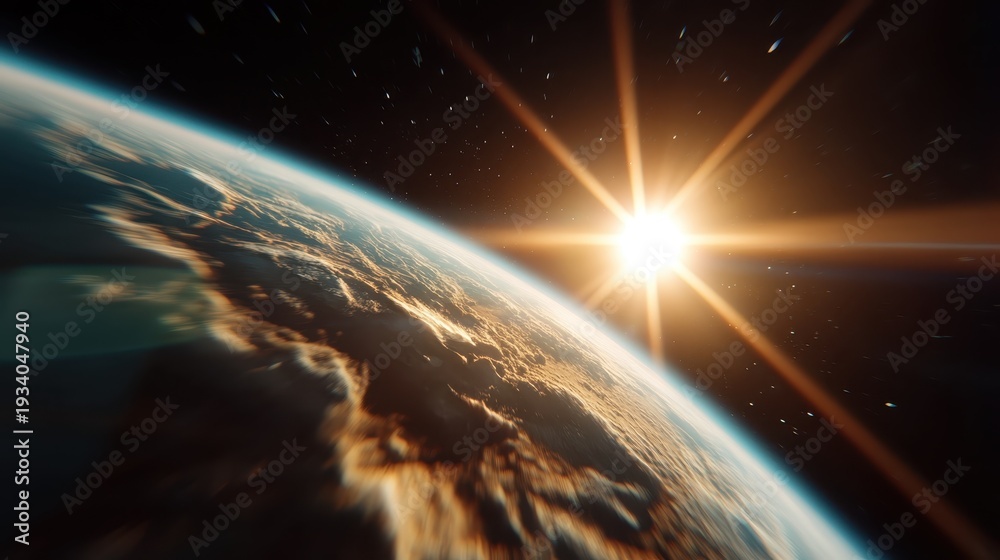 Fototapeta premium An awe-inspiring view of Earth from space, showcasing the beauty of our planet with a radiant sun illuminating its curves, reflecting wonder and exploration of the universe.