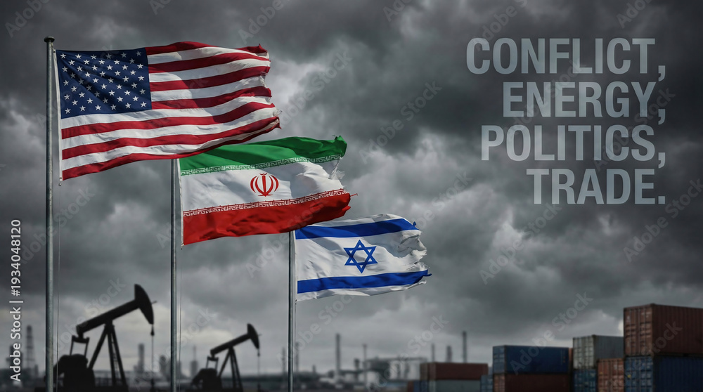 Obraz premium usa us united sate america iran israel flag. waving country national cloudy background wallpaper copy space war conflict business crude oil energy power politic government