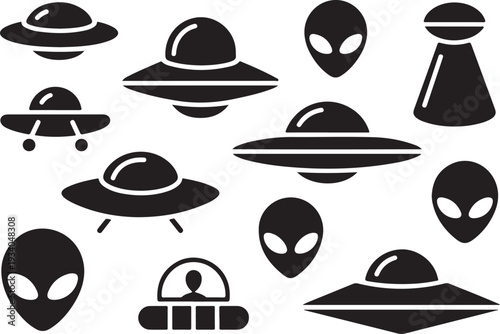 Black and white of various alien heads and spaceships