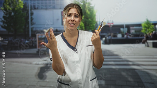 Canvas-taulu Nurse woman holding brushes with palm up gesture on busy street crosswalk with cyclists passing in repeated poses; confusion doubt