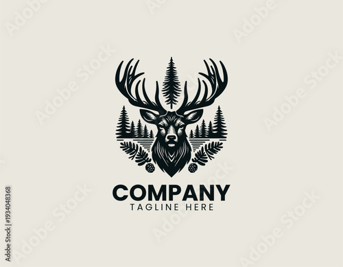 Majestic deer head with pine forest background black vector logo illustration isolated on white background