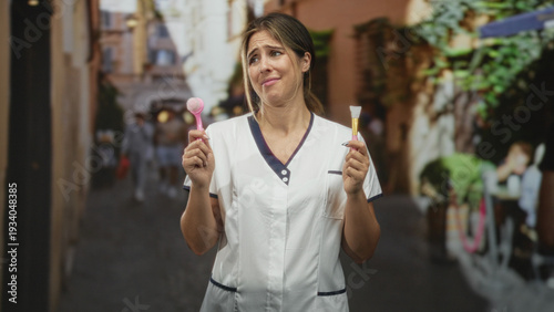 Fotografi Woman cosmetician holding facial cleansing brush and mask brush with scrunched eyes on street; doubt