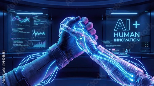 Handshake between cyber hand and human cyborg robot numeric concept. Futuristic handshake between human and robotic hand symbolizing unity.