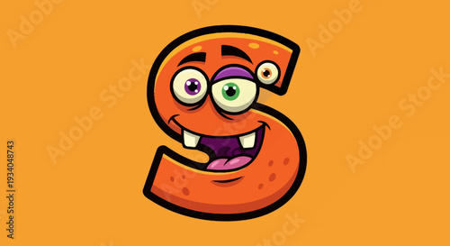 A cartoon character in the shape of the letter S with an orange background and a playful expression