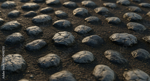 A close-up view of small rocks scattered on dark brown soil surface.