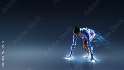Φωτογραφία Powerful design female athlete in start position with luminous energy lines around body