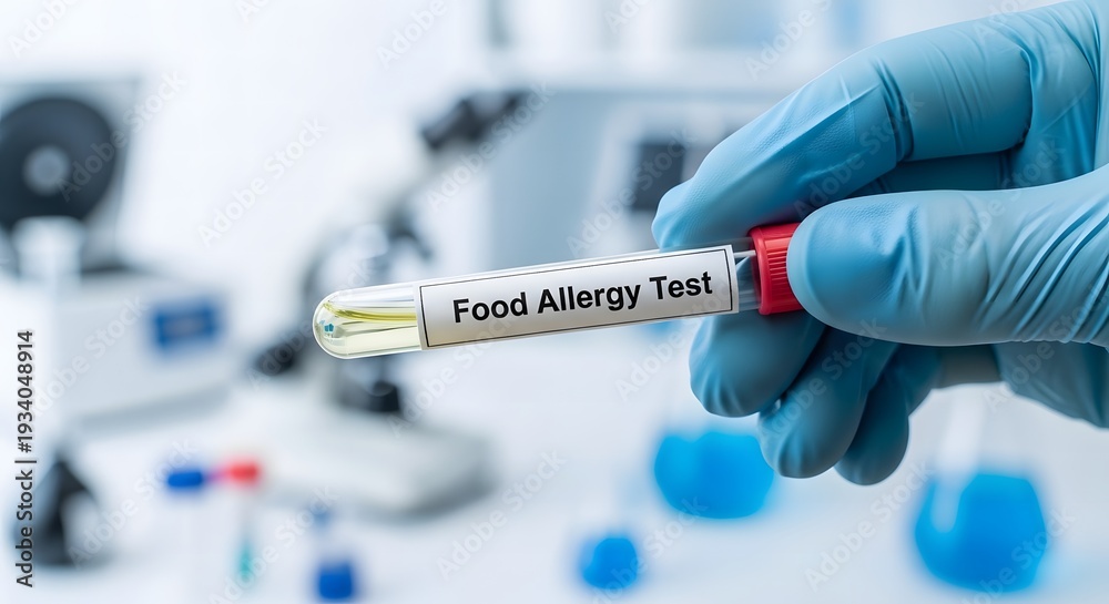 Naklejka premium Hand in blue glove holding test tube labeled 'Food Allergy Test' in laboratory.