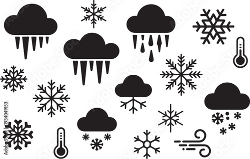 Black and white winter weather with snowflakes clouds and thermometers