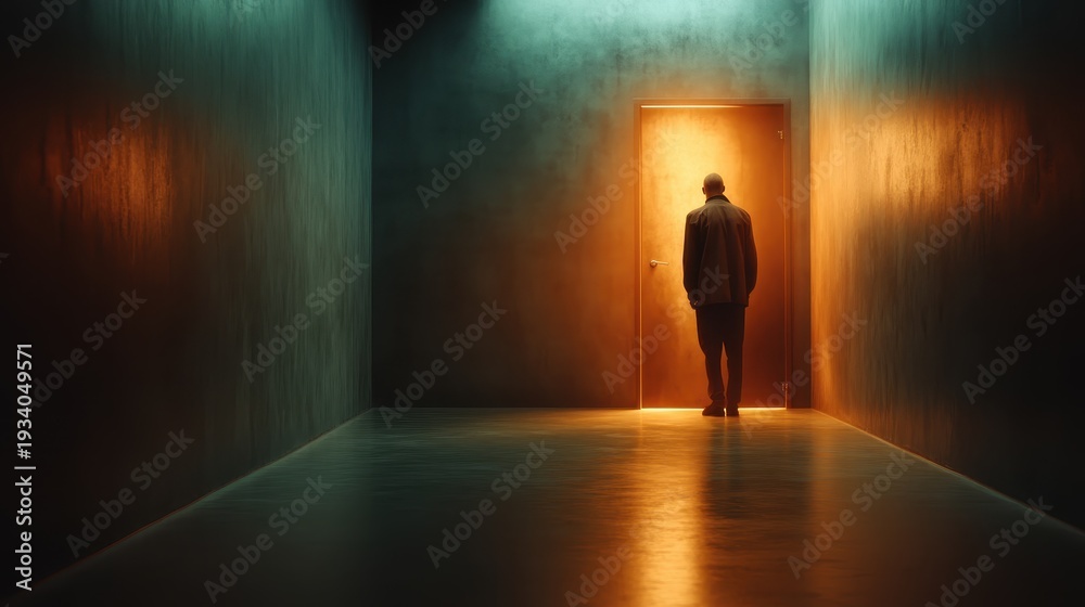 Fototapeta premium A solitary figure approaches a glowing doorway in a dark hallway, symbolizing hope, new beginnings, and the intrigue of what lies beyond this mysterious threshold.