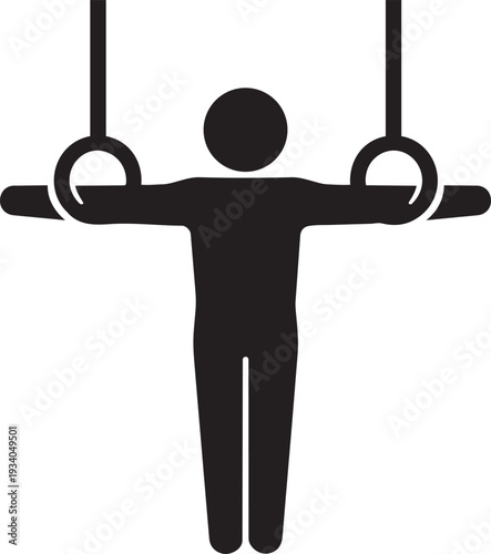Male gymnast athlete performing strength hold on gymnastics rings fitness workout silhouette vector icon graphic design