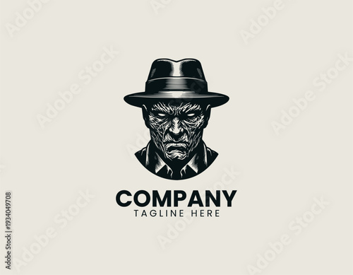 Horror style scarred man wearing fedora black vector logo illustration isolated on white background