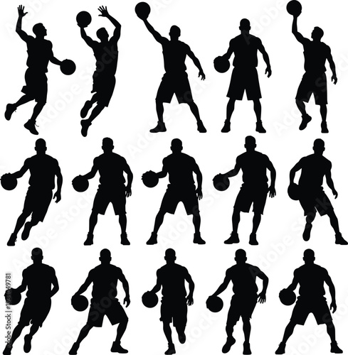 Black silhouette illustration of fifteen basketball players in dynamic poses including dribbling, jumping, shooting, and holding ball, sports training artwork concept for athletic motion themes