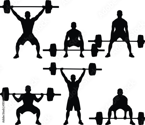 Black silhouette illustration of six athletes performing weightlifting exercises with barbells, showing snatch, clean and jerk, squat, deadlift, strength training artwork concept for fitness themes